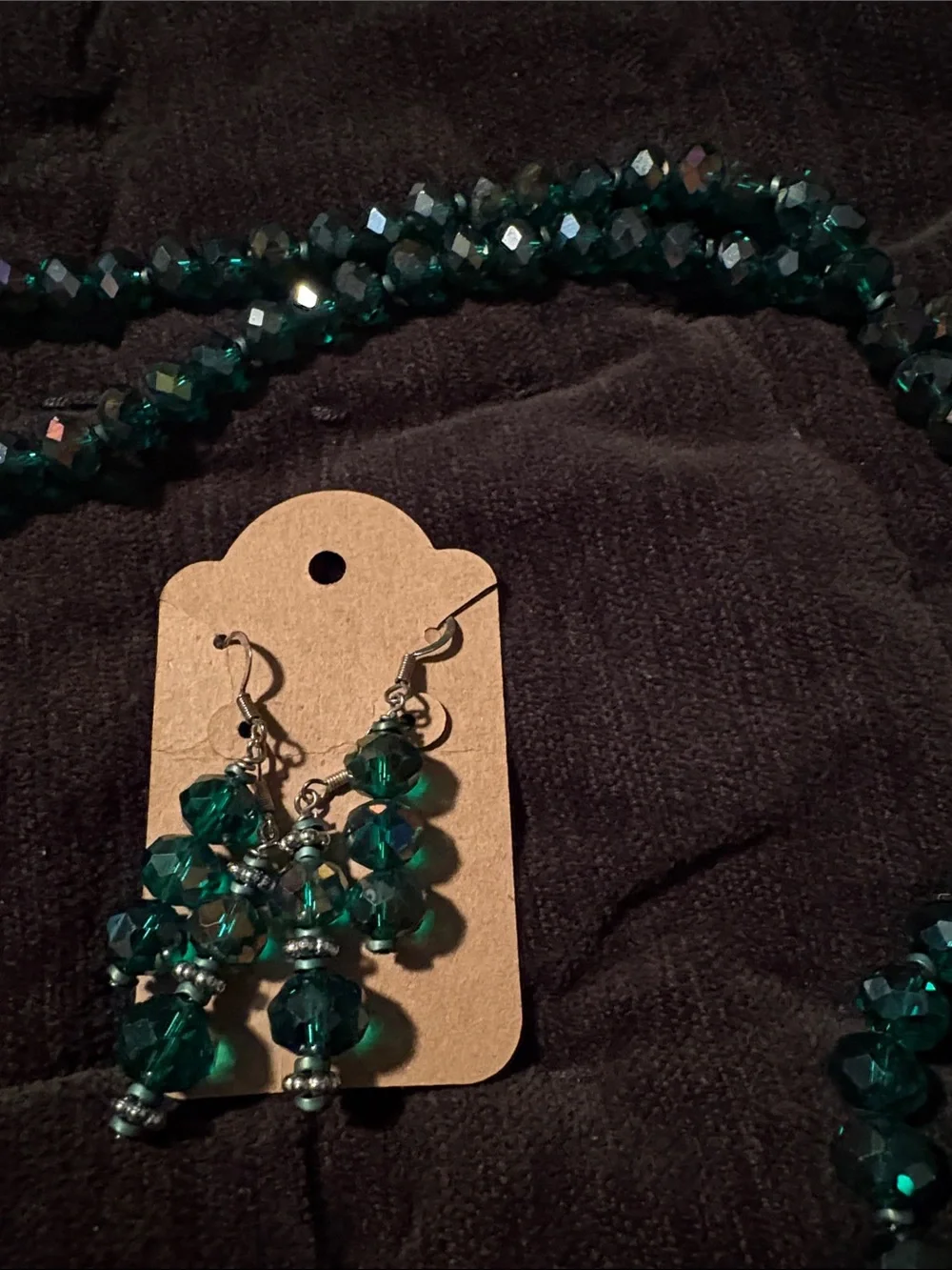 Handmade Emerald Green Faux Crystal Necklace, 2 Earring Sets & Bracelets